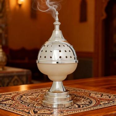 Imagem de Queimador de incenso, incenso de carvão, suporte redondo, metal, vintage, lâmpada aromática, suporte de incenso de ferro, perfumado, mesa, igreja, cristã, incensário, decorativo (branco)