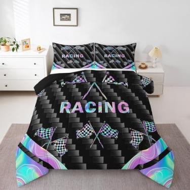 Imagem de jejeloiu Conjunto de edredom esportivo de corrida, tamanho casal, para crianças, adolescentes, adultos, velozes e furiosos, conjunto de edredom com bandeira deslumbrante, 3 peças