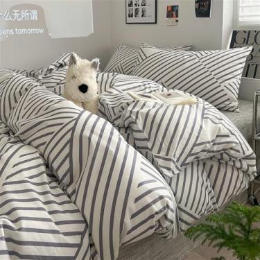 Imagem de VM VOUGEMARKET Conjunto de edredom queen listrado cinza, geométrico, para meninos adolescentes, estilo Instagram, simples, moderno, com 2 fronhas