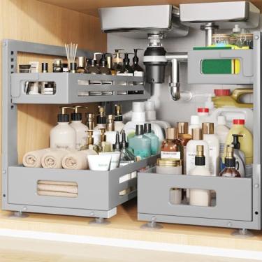 Imagem de Biboraya Pacote com 2 organizadores embaixo da pia de 53 cm de profundidade, organizador de armário com trilho cilíndrico liso, gaveta deslizante de metal para cozinha, banheiro, lavanderia, altura