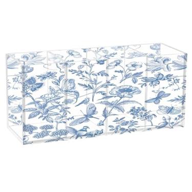 Imagem de SEHANY Lindo porta-canetas de acrílico com flores em aquarela, pássaro, 4 compartimentos, porta-lápis transparente, organizador de pincéis de maquiagem, organizador de papelaria para escritório, casa