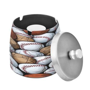 Imagem de Blueangle Cinzeiro padrão de bolas de beisebol com tampa para cigarros, à prova de vento/chuva, aço inoxidável, sem fumaça, inodoro, cinzeiro para uso interno ou externo (556)