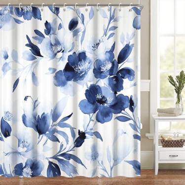 Imagem de Heevnttiy Cortina de chuveiro floral em aquarela azul para banheiro, pintura a tinta, arte, conjunto de decoração de banheiro, moderno, chique, cortinas de banheira estéticas, laváveis, tecido de
