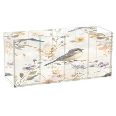 Imagem de SEHANY Lindo porta-canetas de acrílico com flores em aquarela, pássaro, 4 compartimentos, porta-lápis transparente, organizador de pincéis de maquiagem, organizador de papelaria para escritório, casa