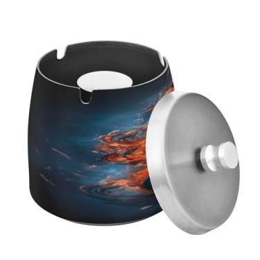 Imagem de Blueangle Fire Flames Music Clef Cinzeiro com tampa para cigarros, à prova de vento/chuva, aço inoxidável, sem fumaça, inodoro, cinzeiro para uso interno ou externo (490)