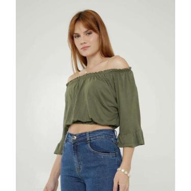 Imagem de Blusa Cropped Ciganinha Feminina Manga 7/8 Marisa-70506, Verde, M