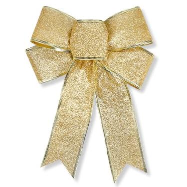 Imagem de Topper de árvore com laço dourado, laços dourados para árvore de Natal, com glitter, enfeite de árvore de Natal, grande coroa de flores, suprimentos de fita para festas de fim de ano