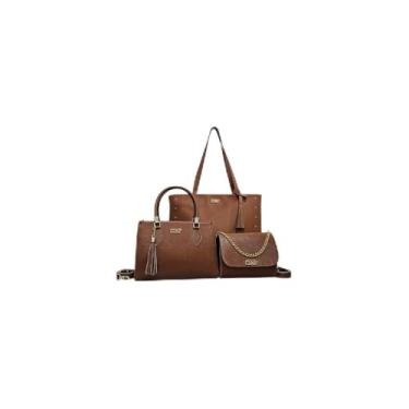 Imagem de Kit 3 Peças Bolsa Feminina Estilo Tote, Couro Sintético, Caramelo, com Alça Trançada, Bolsa Transversal e Necessaire
