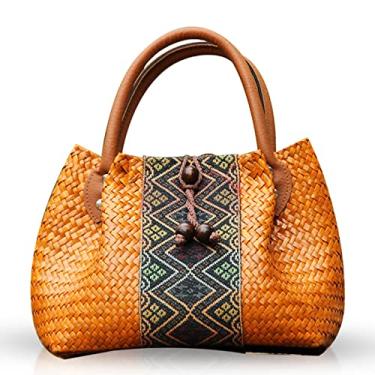 Imagem de QTKJ Bolsa de praia para mulheres, sacola de vime feita à mão, alça de couro, bolsa de tecido de palha com estampa retrô boho, bolsa grande de férias de verão na praia (cáqui)