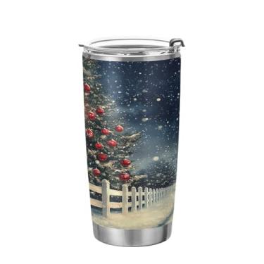 Imagem de YETTASBIN Copo de árvore de Natal com tampa de palha, copo de aço inoxidável de 590 ml, parede dupla, isolada a vácuo, caneca de café de viagem para bebidas quentes e frias