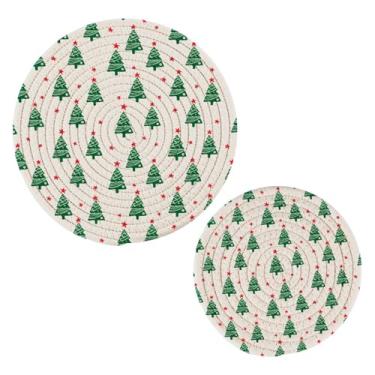 Imagem de Wassud Conjunto de trivet de árvores de Natal com estrelas para pratos quentes, suportes redondos de algodão, almofadas quentes, porta-copos elegantes, decoração de cozinha e acessórios, 2 peças