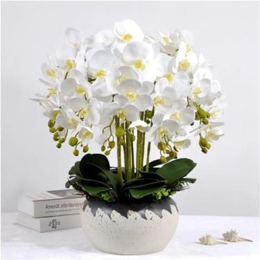 Imagem de Orquídeas grandes artificiais 12 hastes Phalaenopsis flores artificiais com vaso de cerâmica flor artificial 50 cm * 55 cm vaso falso