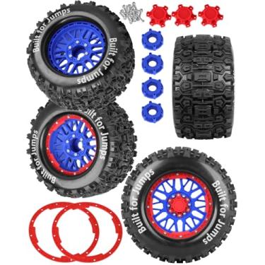 Imagem de RCarmubWow 1/8 1/10 17mm Hex RC Truck Tires,Wheels and Tires for 1/10 E-Revo T-Maxx Summit Kraton Outcast Monster Truck,Buggy Rubber Tyres and Rims w/Foam Insert for RC Off-Road Car,Navy Blue-Red