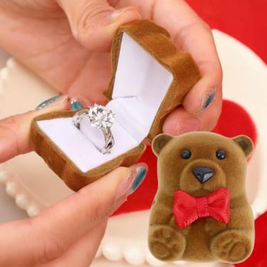 Imagem de Anel de Dia dos Namorados Caixa de Joias Criativa Urso de Pelúcia Caixa de Armazenamento de Joias para Noivado Casamento Romântico Surpresa Presente (Marrom)