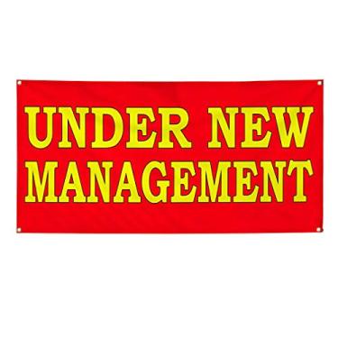 Imagem de Banner de vinil vários tamanhos sob nova gestão vermelho amarelo negócios ao ar livre à prova de intempéries placas de quintal industrial vermelho 4 ilhós 61 x 122 cm