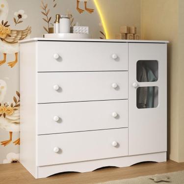 Imagem de Cômoda Infantil 95cm 1 Porta Com Vidro E 4 Gavetas Serena Multimóveis MP4434 Branco