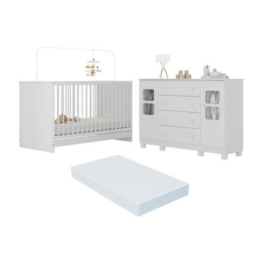 Imagem de Berço 3 Em 1 Com Colchão Incluso E Cômoda 2 Portas 4 Gavetas Sol Multimóveis MP4756 Branco