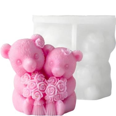 Imagem de Moldes de vela de silicone de urso rosa 3D, moldes de vela de urso de pelúcia para casal, moldes de silicone, moldes de silicone de cera de resina epóxi para artesanato faça você mesmo, sabonete