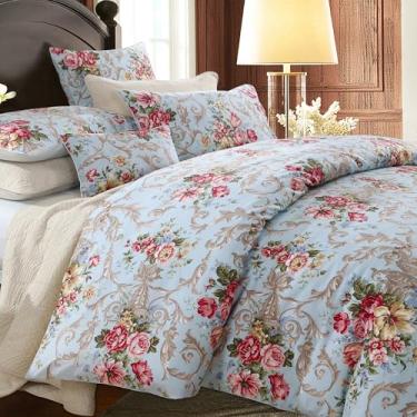 Imagem de Helthep Chic Boho Shabby Floral Coleção Clássica Luxo Cal King Size Conjunto de Capa de Edredom Elegante Folhas de Peônia Conjunto de Cama 1 Capa de Edredom + 2 Fronhas/Fronhas 100% Algodão Egípcio