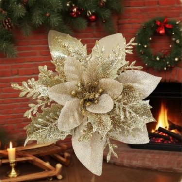 Imagem de 5 peças de flores artificiais de Natal, douradas, vermelhas, purpurina, poinsétia com clipes, enfeites de árvore de Natal, guirlanda de casamento, decorações de ano novo (ouro)