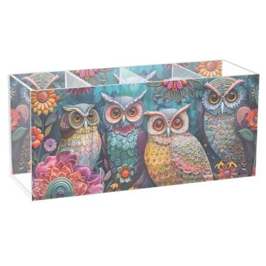 Imagem de TSENQUE Porta-lápis colorido de corujas para mesa, fofo, divertido, artesanato, porta-pincéis de acrílico para maquiagem
