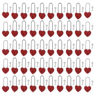 Imagem de Gradleen 50 unidades de cadeado de coração único com chave de 8,5 cm, cadeado de amor de 50 mm, acabamento fosco, cadeado de amor de metal vermelho para ponte Lovelock, caixa de cartão, caixa de joias