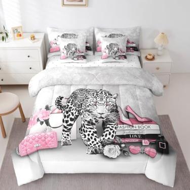 Imagem de Jogo de cama casal com estampa de leopardo preto e branco, lençol com elástico para todas as estações, guepardo, 7 peças, lençol com elástico, 4 fronhas