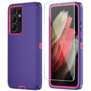 Imagem de ONOLA Capa de telefone para Samsung Galaxy S21 Ultra com protetor de tela HD, resistente, à prova de choque e à prova de quedas, capa de telefone de 3 camadas para Galaxy S21 Ultra de 16,8 cm, roxo