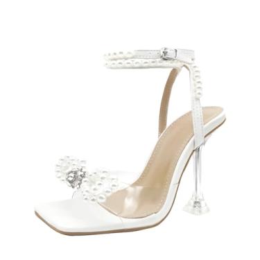 Imagem de Baffoloo Sandálias femininas de salto alto e pérola branca com tira no tornozelo e bico quadrado, Branco, 37