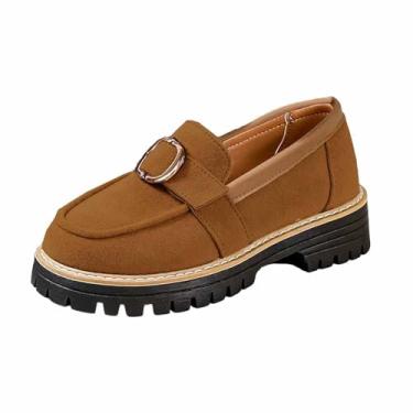 Imagem de Mocassim feminino bico redondo salto médio com zíper lateral sola grossa sapatos casuais, Café, 34