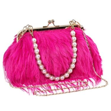 Imagem de FeelfunFeather Bolsas de mão femininas, bolsas femininas de penas fofas para festa de casamento, banquete, formatura, bolsa transversal, Rosa choque