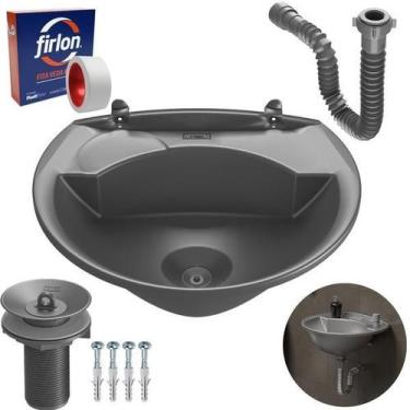 Imagem de Pia Lavatório 4L Cinza + Sifão Sanfonado Cinza + Veda Rosca - Astra