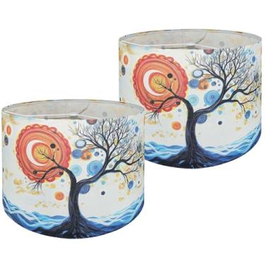 Imagem de Abajur decorativo em fibra de poliéster impresso abstrato sombra de tambor para abajur de mesa e lâmpada de cabeceira, 33 polegadas superior x 33 cm inferior x 25 cm altura, inclui 2 peças