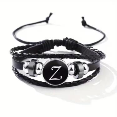 Imagem de Pulseira trançada de couro sintético genuíno preto elegante com letras inglesas - Pulseira ajustável para casais para homens e mulheres, Medium, Vidro, Sem Pedra Preciosa