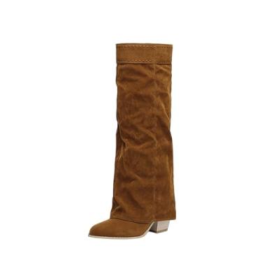 Imagem de Botas femininas modernas de cano alto material de camurça estilo ocidental outono inverno na moda salto grosso bico fino botas 7 cm salto, Marrom, 38