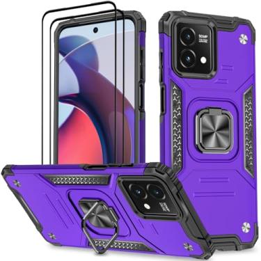 Imagem de HONG-AMY Capa para Moto G Stylus 5G 2023 com 2 peças de protetor de tela de vidro temperado, grau militar duplo à prova de choque com suporte - roxo