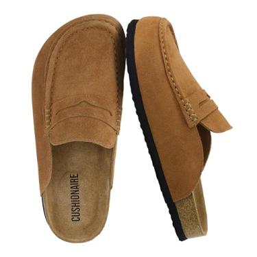 Imagem de CUSHIONAIRE Tamancos femininos de couro legítimo Fondu, confortáveis, sem cadarço, com detalhes de tira e palmilha de espuma viscoelástica, Conhaque, 36