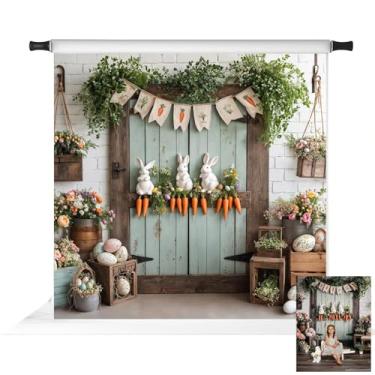 Imagem de Kate Pano de fundo de porta de madeira, cenouras, coelhinho de ovo de Páscoa, adereços de estúdio, 2,4 x 2,4 m