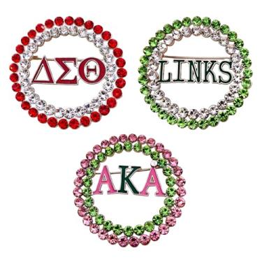 Imagem de 3 peças AKA broches de irmandade para mulheres brilhantes strass grego broche de lapela rosa vermelho e verde strass AKA parafernália broche acessório presentes para irmã melhor amiga amiga, Zinco