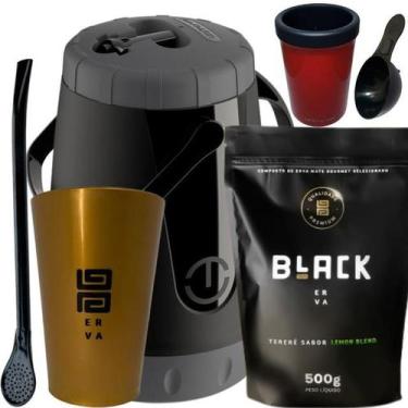 Imagem de Kit Para Tereré Black Erva Mate 500g Garrafa Lisa Copo Acrílico Dourad