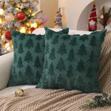 Imagem de DFXSZ Capas de almofada de árvore de Natal 56 x 56 cm conjunto de 2 almofadas de jacquard de pelúcia macia verde para quarto, sofá, festivais, decoração de casa de inverno PTK006A22