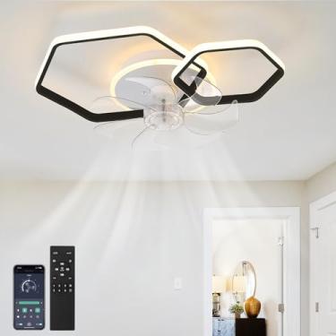 Imagem de Ventilador de teto com luz, controle remoto, função de memória e intensidade regulável, silencioso, reversível, 6 velocidades, para sala de estar, com timer e iluminação LED moderna.