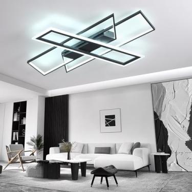 Imagem de Luminária de teto tricolor para sala de estar, com intensidade regulável, função de memória, preta, com controle remoto e aplicativo. Lustre moderno em acrílico para quarto.