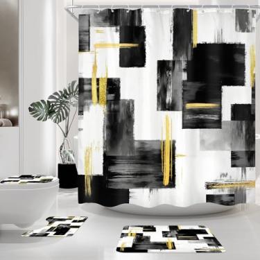 Imagem de Cinbloo Conjunto de 4 peças de cortina de chuveiro ouro preto, pintura a óleo abstrata, ombré, moderna, cortina de banheiro com tapete, capa de tampa de vaso sanitário, tapete de banho, cortina de