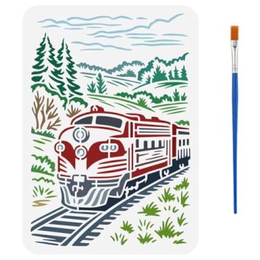 Imagem de FINGERINSPIRE Estêncil de trem, montanha, floresta, 21 x 29,7 cm, com uma escova, motor a vapor, estêncil, trilhos, montanha, floresta, modelo de desenho para pintura DIY em paredes, tela de madeira
