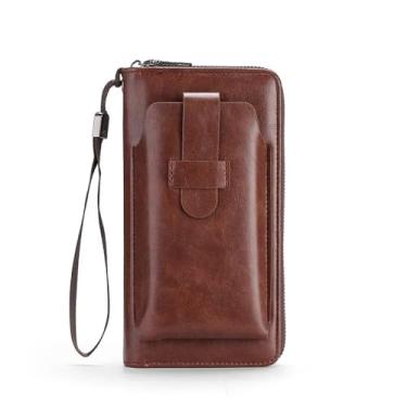 Imagem de Bolsa de moedas de negócios com clipe de dinheiro carteira masculina de cor sólida longa casual couro PU clutch telefone (marrom escuro)