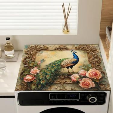 Imagem de Capas de lavadora e secadora de flores de pavão vintage tapete protetor antiderrapante para máquina de lavar, almofada protetora de secagem rápida à prova de poeira para lavadora e secadora, decoração