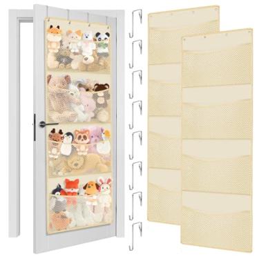 Imagem de ZANAUWEKED 2 peças de armazenamento de bichos de pelúcia, organizador de armazenamento de brinquedos de pelúcia para pendurar na porta, com 8 bolsos grandes e 8 ganchos de metal, suporte de animais de
