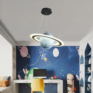 Imagem de Luz Pendente Led Para Crianças Planeta Azul Regulável Planetas De Vidro Modernos Luz Pendente Com Halo Meninas Meninos Quarto Pendurado Lâmpada Altura Ajustável Lustre Modern, Tricolor Dimming, Type A