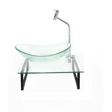 Imagem de Kit Cuba Vidro Oval 10Mm Tampo 40Cm Incolor E Suporte Preto